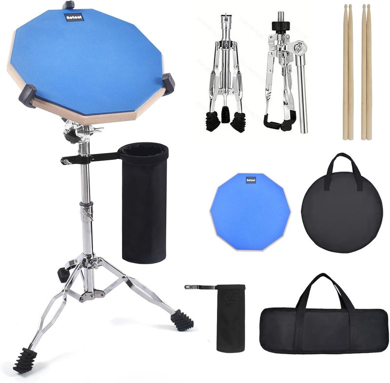 Seteol Drum Practice Pad Set, 12 Inch Double Sided Silent Drum Pad with Storage Bag + Adjustable Snare Drum Stand with Carry Bag + 2 Pair Drum Sticks with Drumstick Holder, Fits 10"-14" Drums (Blue) - Image 1